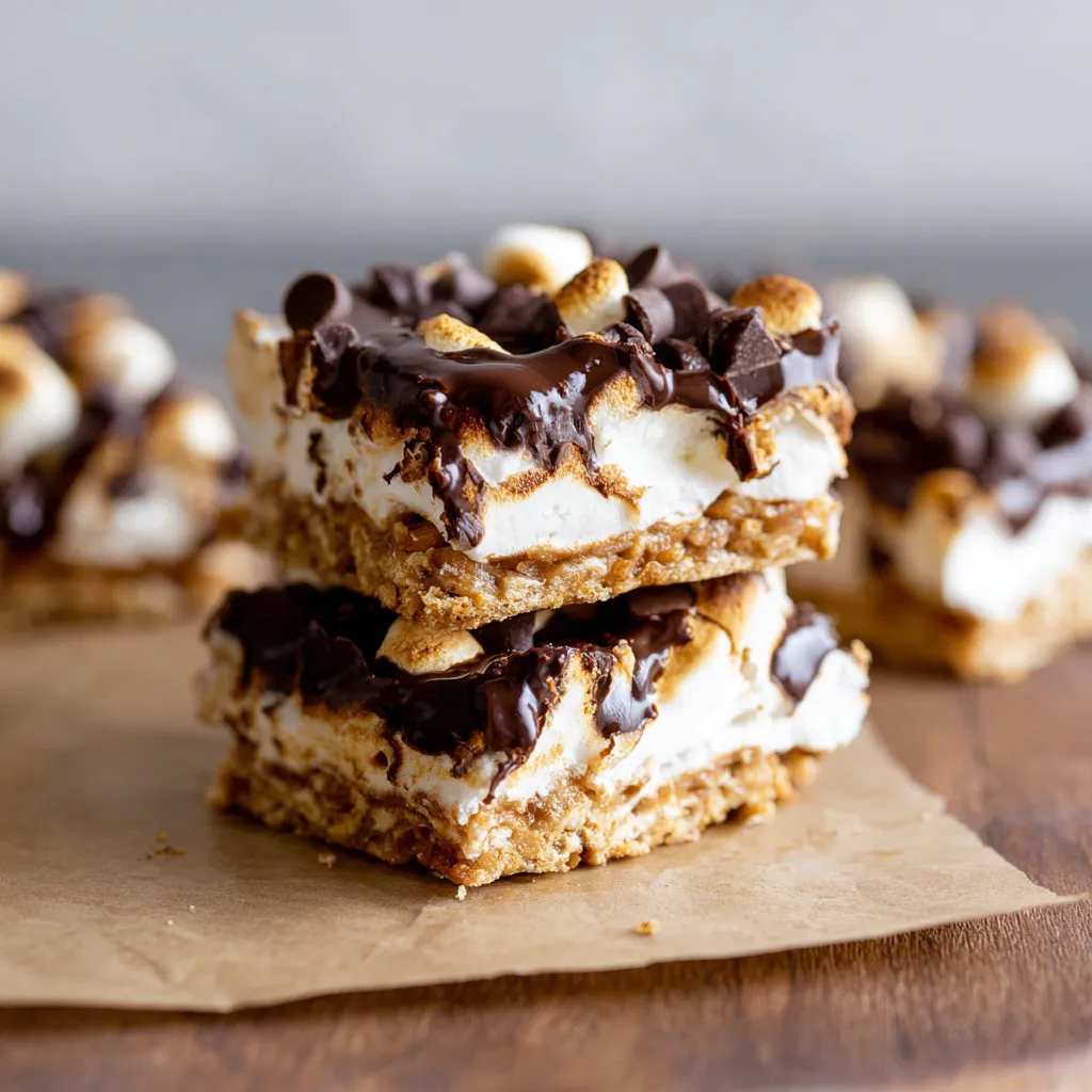 Close-up of gooey no-bake Smores bars with graham crackers, chocolate, and marshmallow.