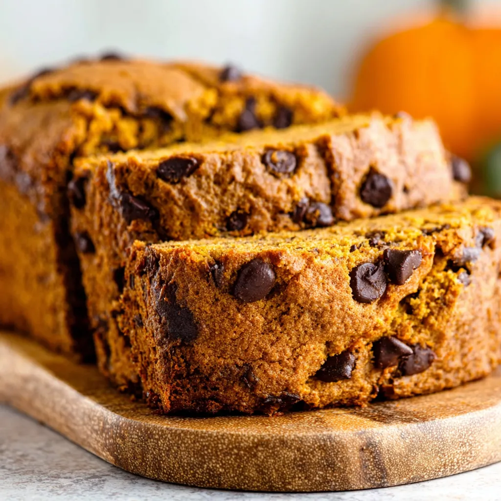 Pumpkin chocolate chip bread slice with chocolate chips visible.