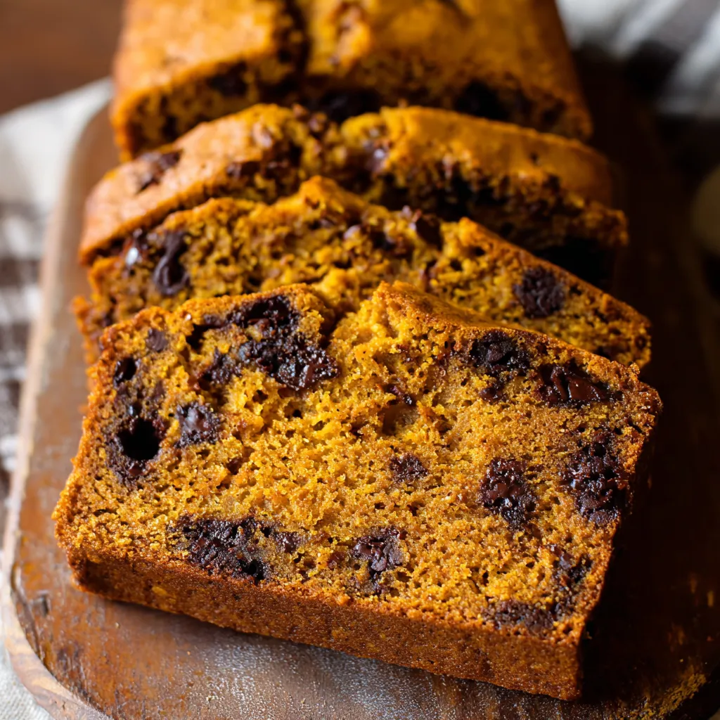 Close-up of moist pumpkin chocolate chip bread loaf.