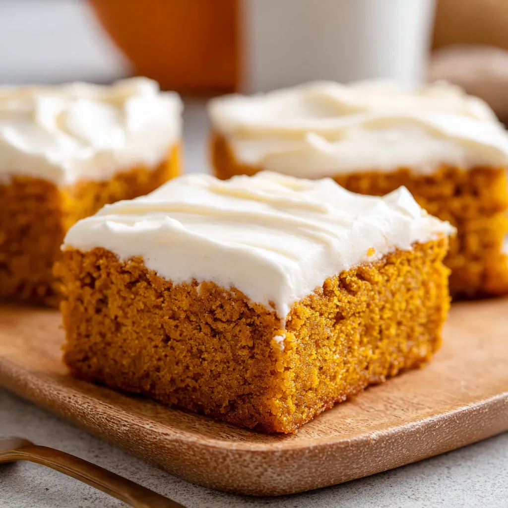 Freshly baked pumpkin bars with cream cheese frosting.
