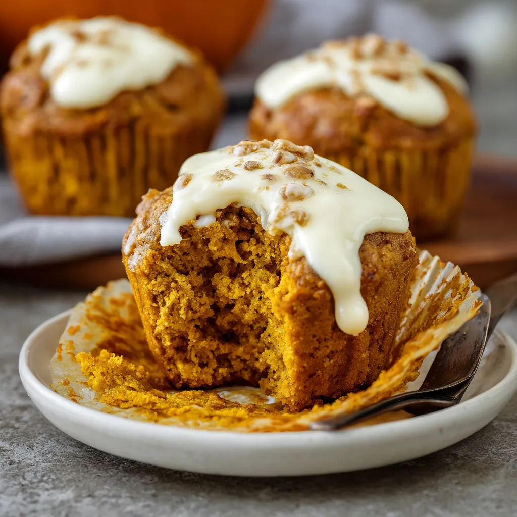 Close-up of pumpkin cream cheese muffins, perfect fall baking treat.