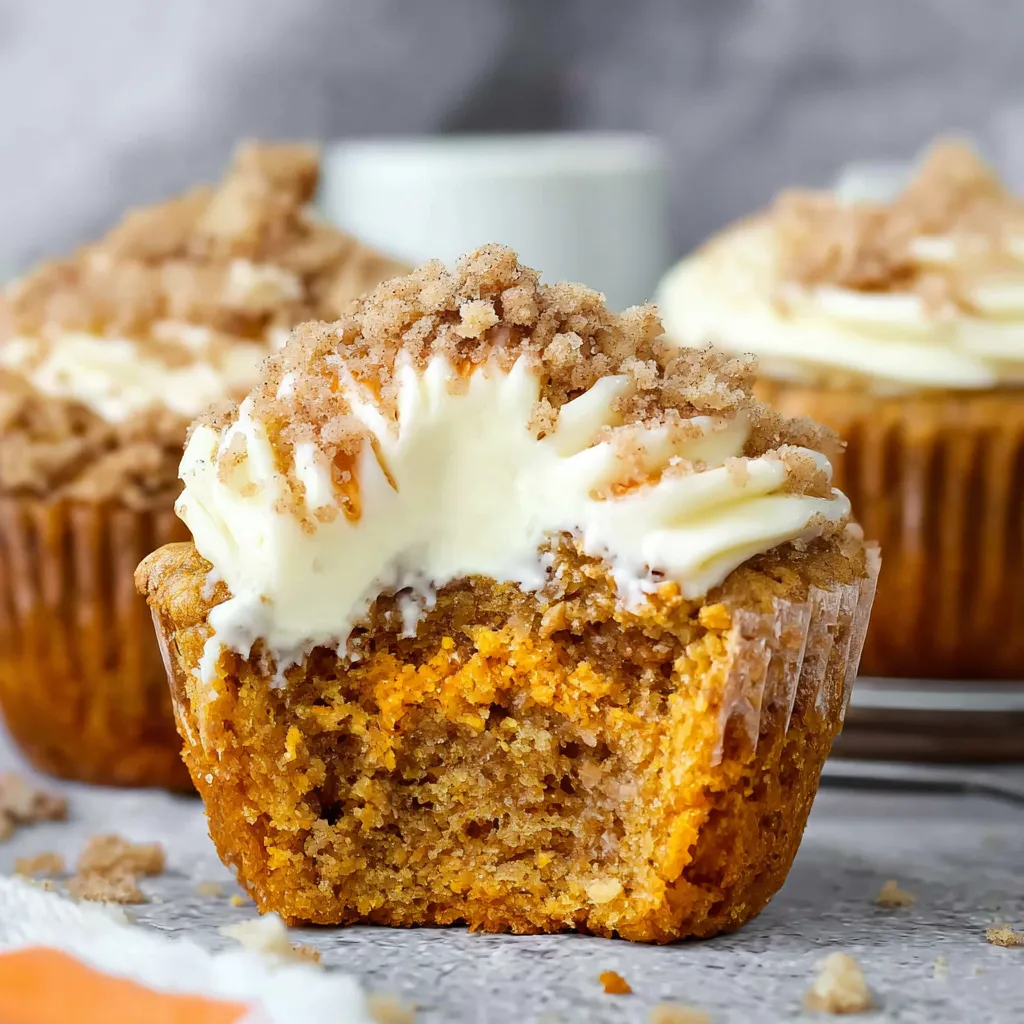 Close-up of pumpkin cream cheese muffins, delicious fall baking.