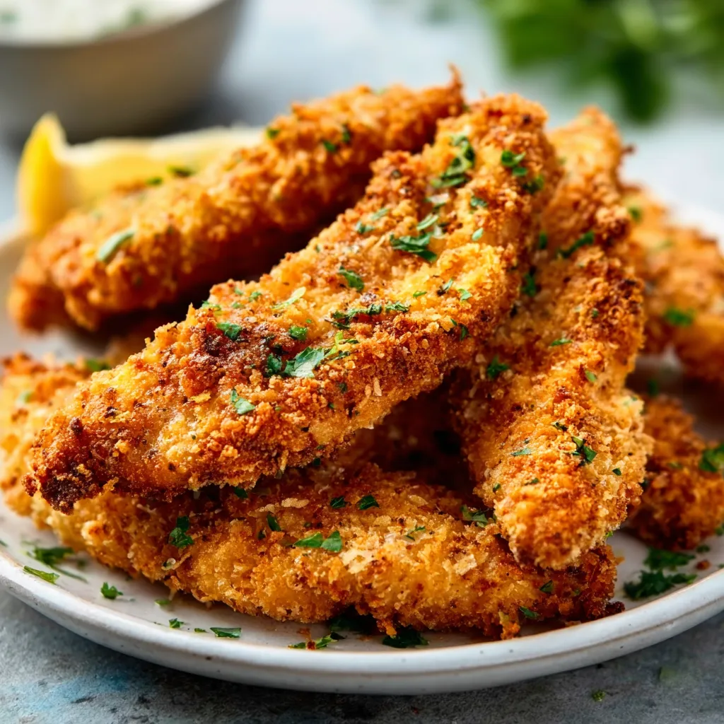 Crispy baked chicken tenders on a plate, ready to eat.