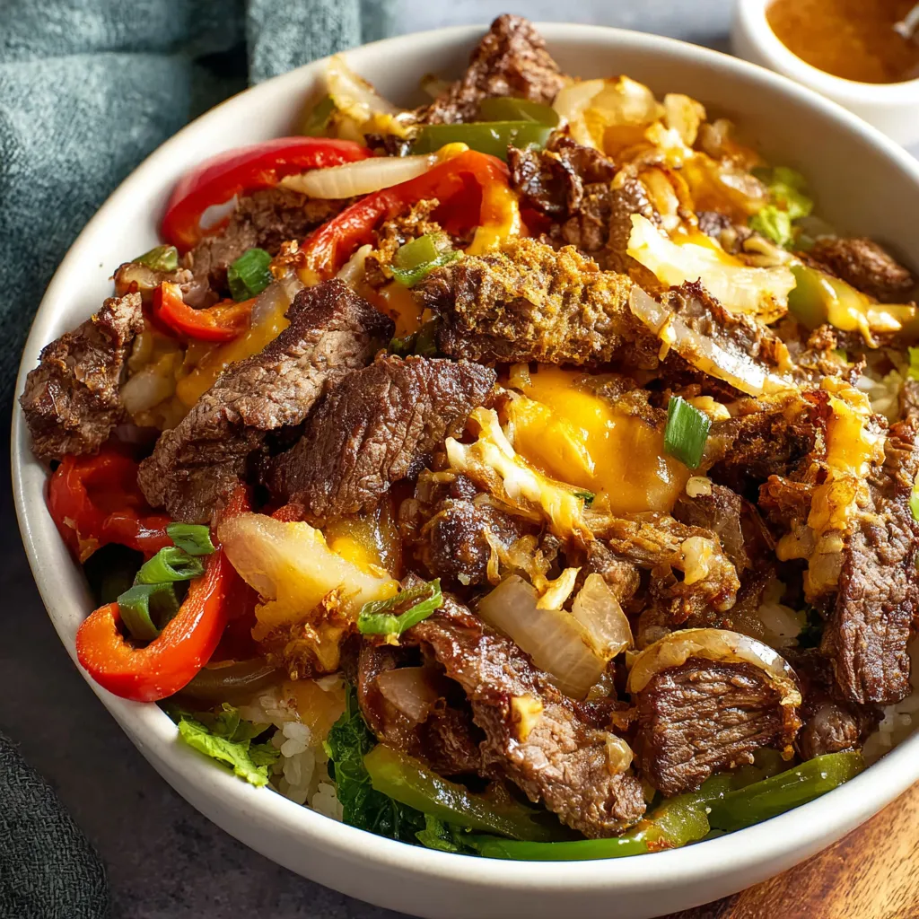 Philly cheesesteak bowl: sliced steak, melted cheese, peppers, and onions.
