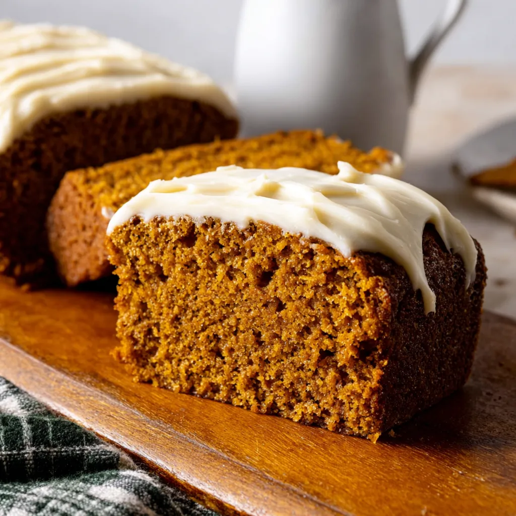 Pumpkin bread slice with cream cheese frosting. Fall dessert.