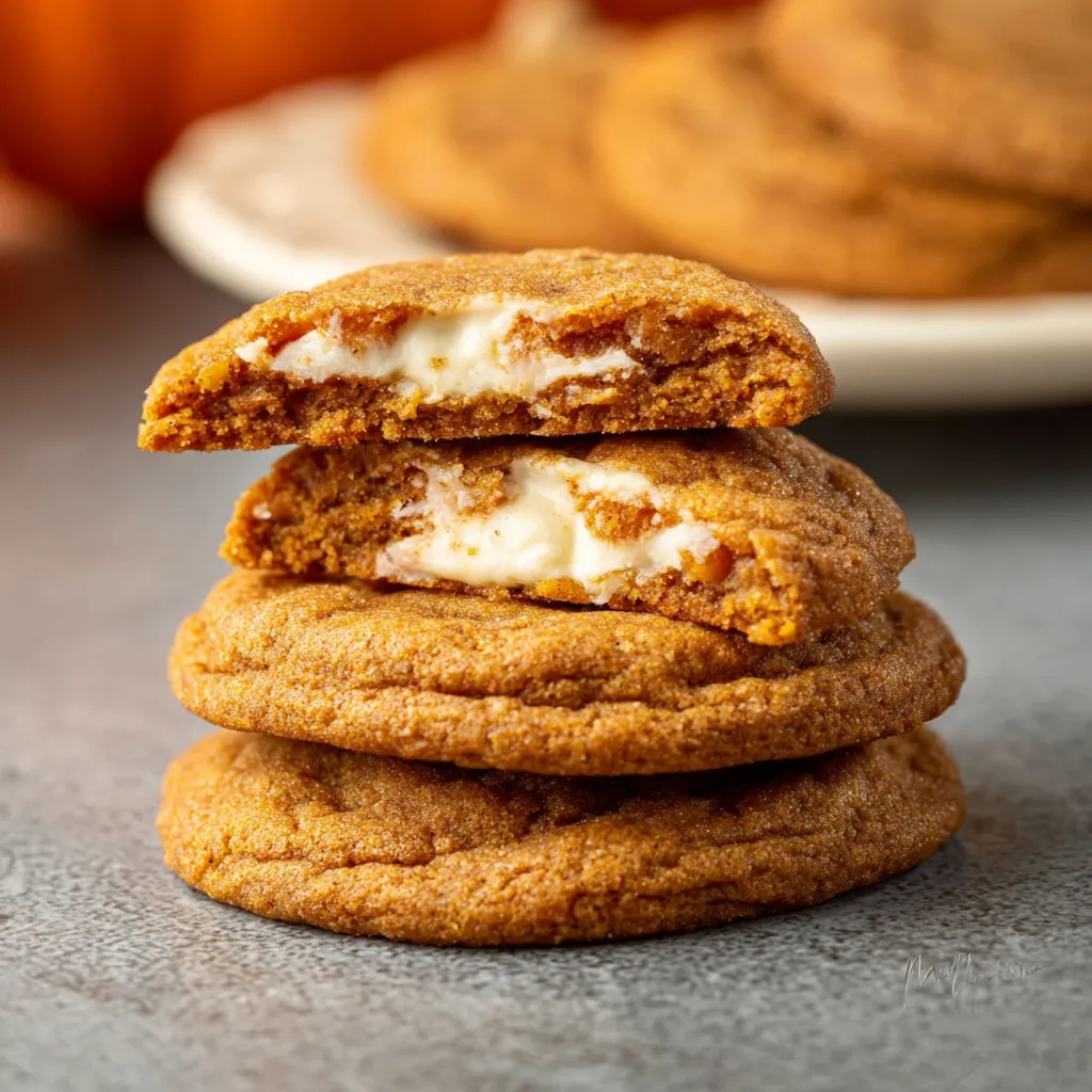 Pumpkin cheesecake cookies. Soft fall dessert with cream cheese filling.