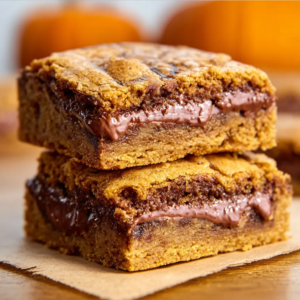 Pumpkin Nutella Blondies: Close-up of fudgy, swirled dessert bars.
