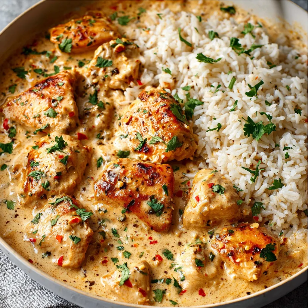 Creamy smothered chicken and rice, a quick and easy weeknight dinner recipe.