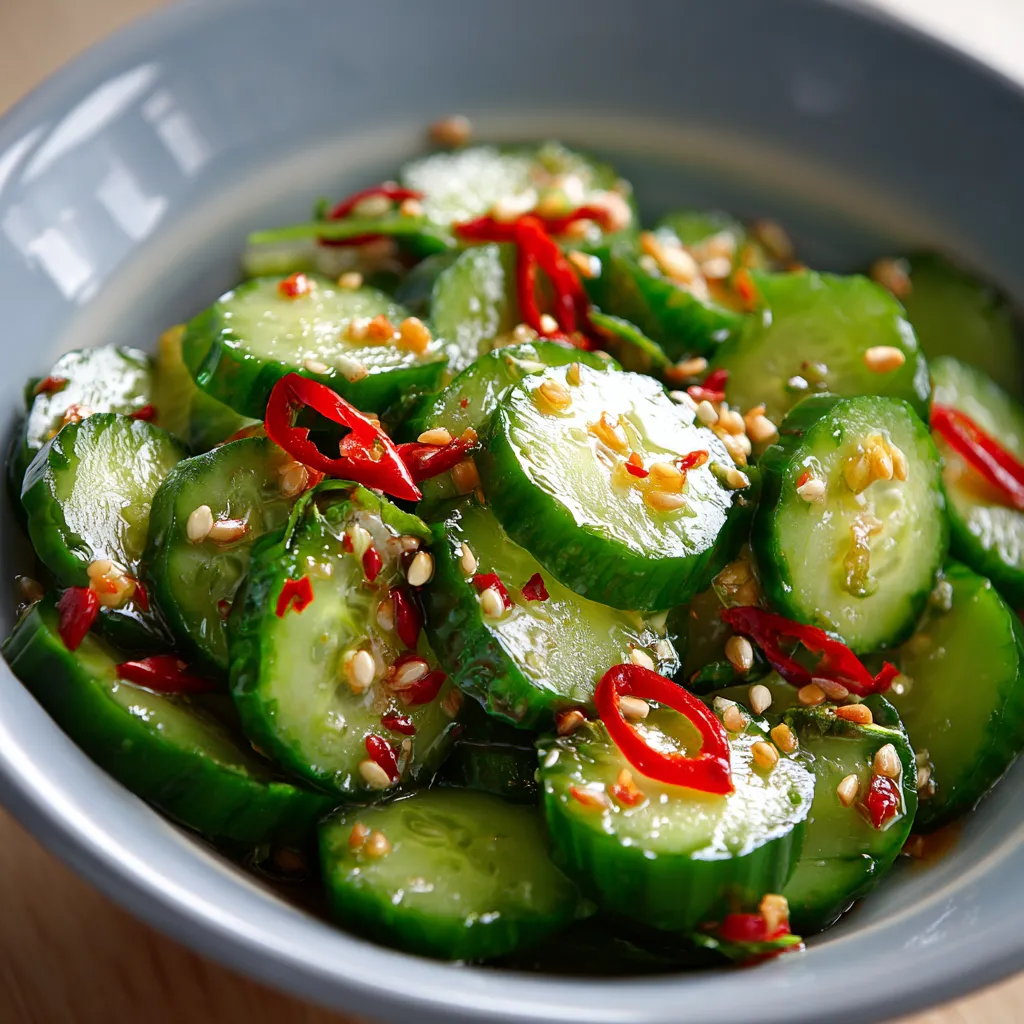 Asian cucumber salad close up. Refreshing & easy recipe.