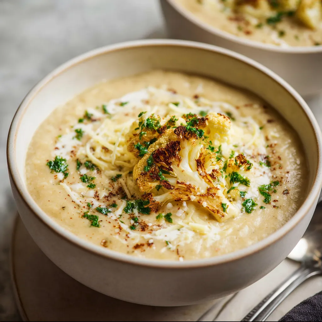 Creamy roasted cauliflower soup in a white bowl. Delicious and healthy.