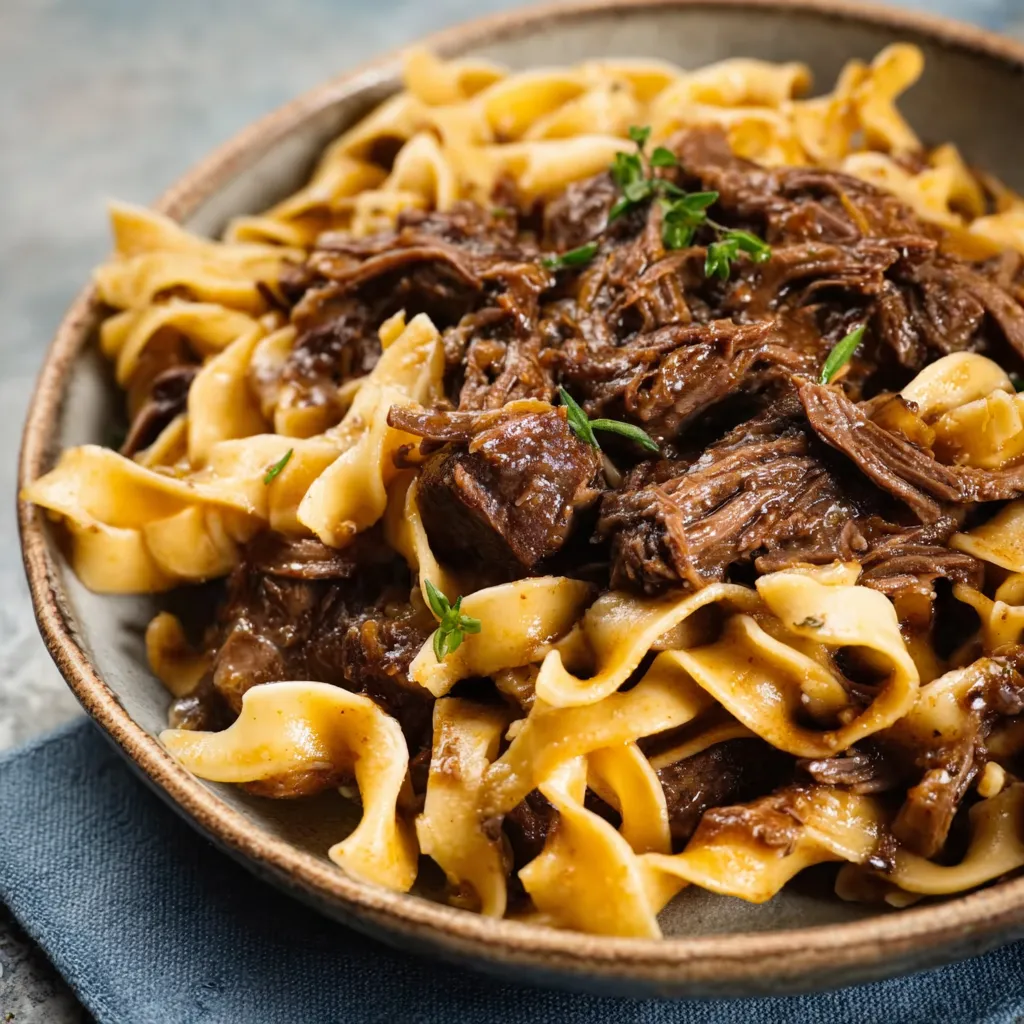 Slow cooker beef and noodles, a hearty comfort food meal.
