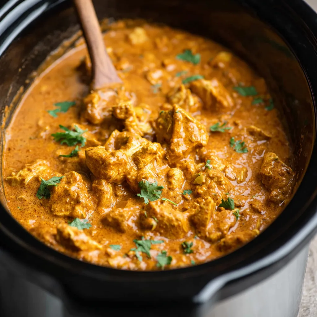 Slow cooker butter chicken. Easy dump-and-forget dinner recipe.
