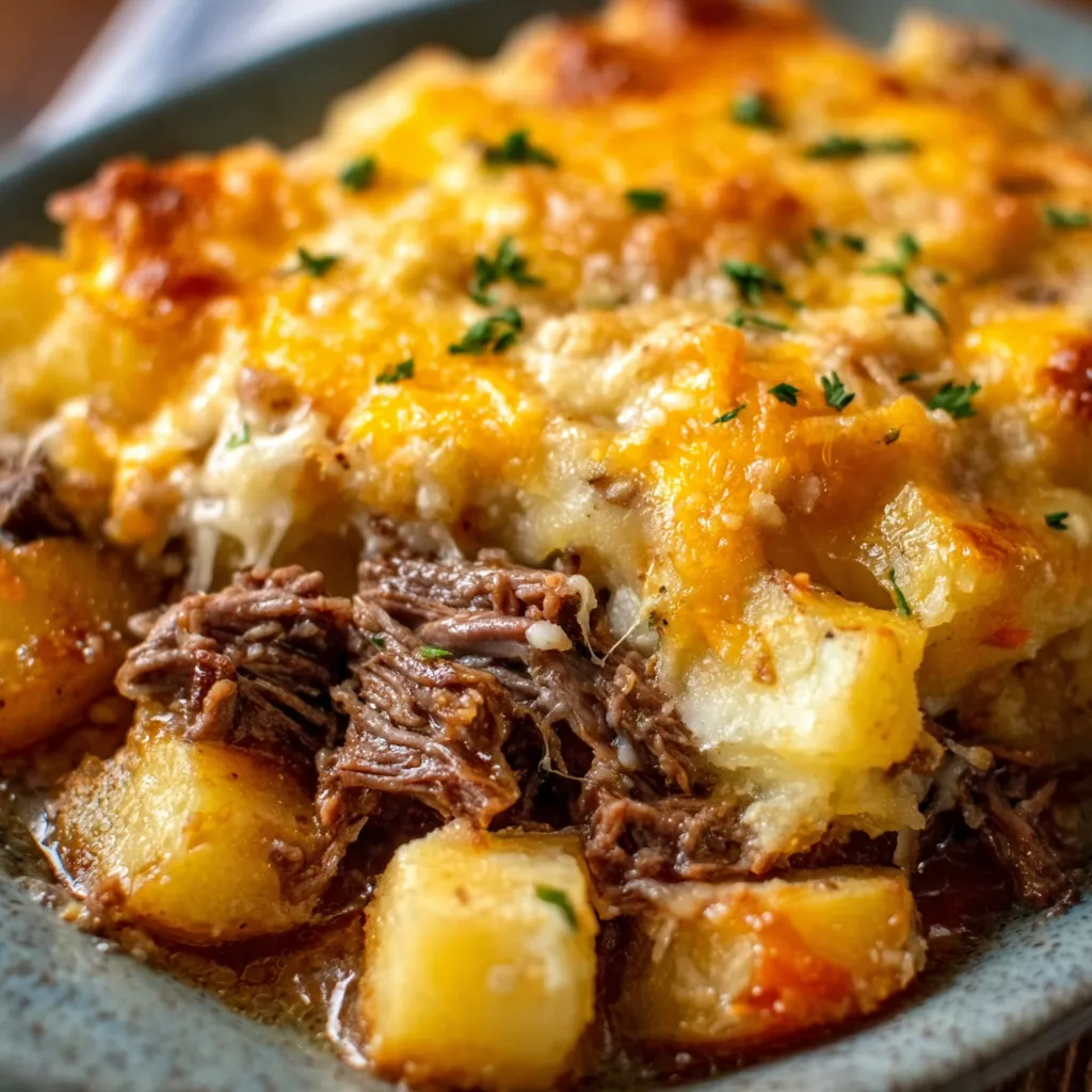 Slow cooker steak and cheddar potato casserole, easy comfort food.