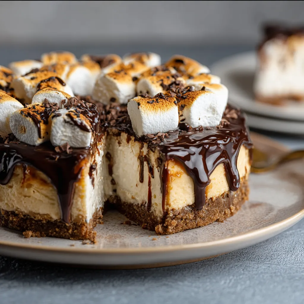 Decadent s'mores cheesecake slice with graham cracker crust.