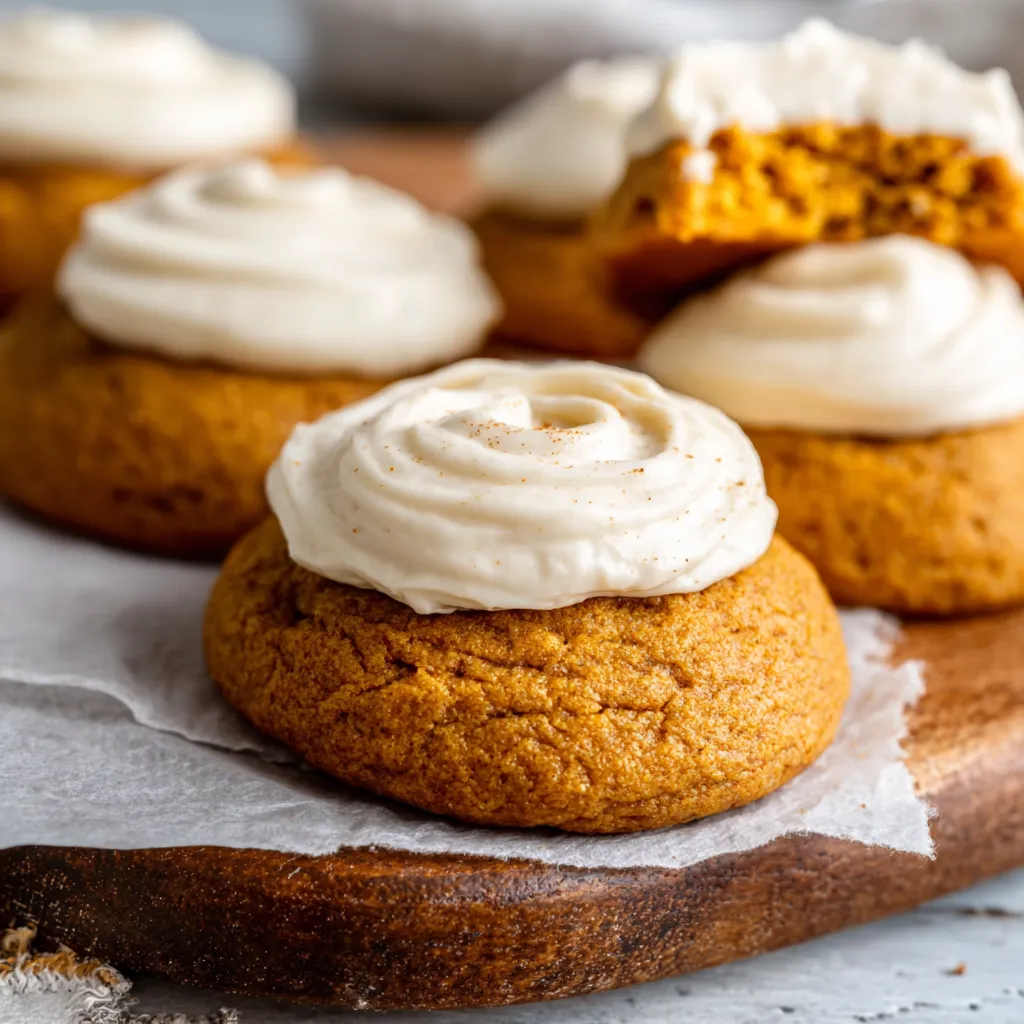 Soft pumpkin cookies with cream cheese frosting, a delicious fall dessert.