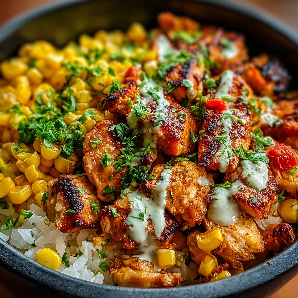 Street corn chicken rice bowl: grilled chicken and elote-style toppings.