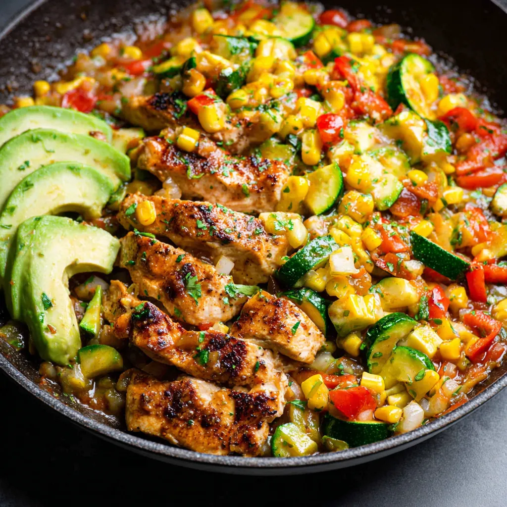 Tex Mex chicken and zucchini skillet meal, ready to eat.