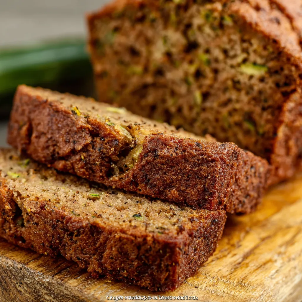 Moist zucchini bread loaf, close-up. Secret ingredient revealed inside!