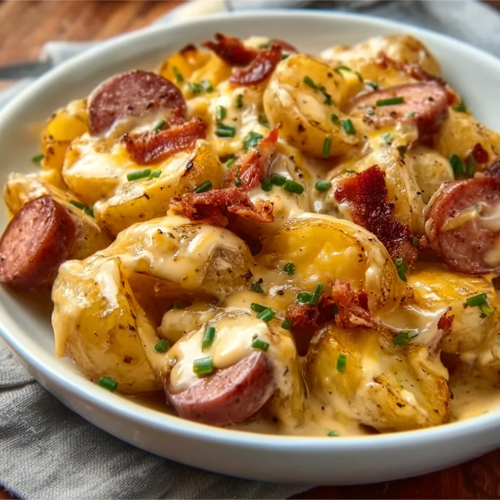Cheesy ranch potatoes with smoked sausage, a delicious creamy side dish.