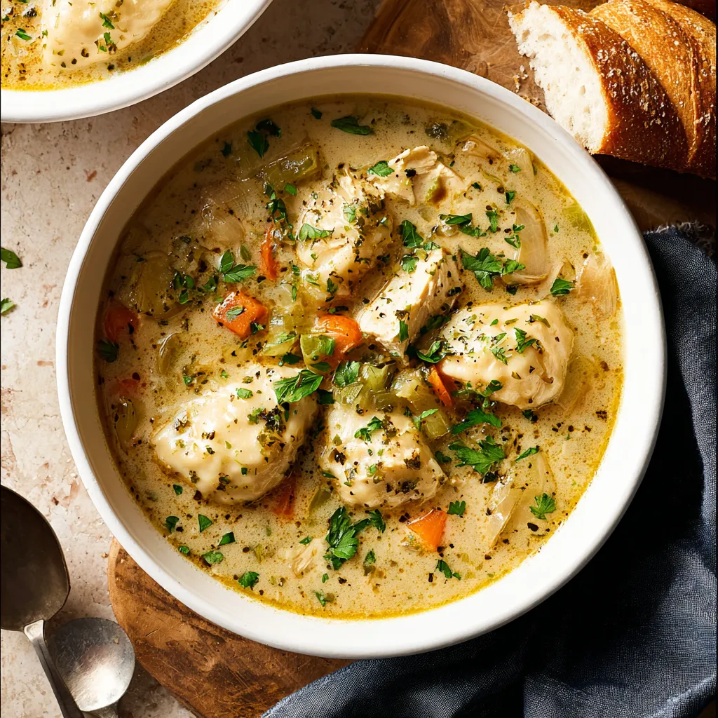 Creamy one pot chicken dumpling soup in a bowl.