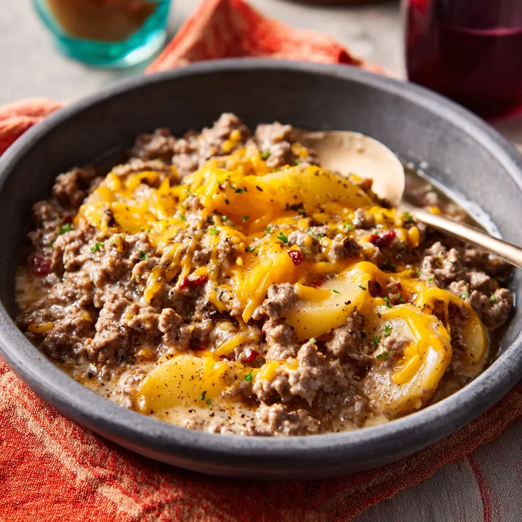 Slow cooker cowboy casserole. Cheesy beef, tater tots, and corn filling.