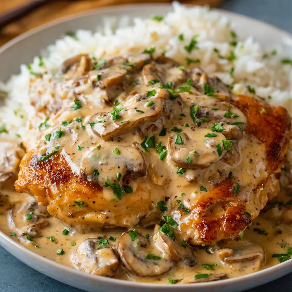 Creamy smothered chicken and rice recipe. Chicken pieces served over fluffy rice.