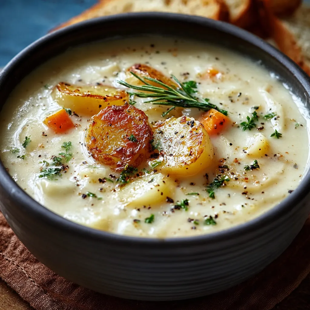 Creamy potato soup in a white bowl. Easy homemade recipe.