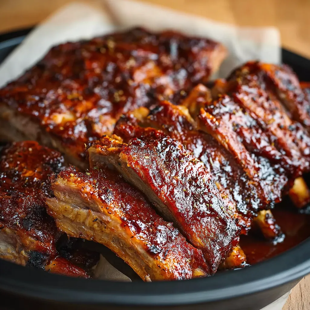 Slow cooker ribs recipe: Close-up of juicy, tender ribs in crockpot.