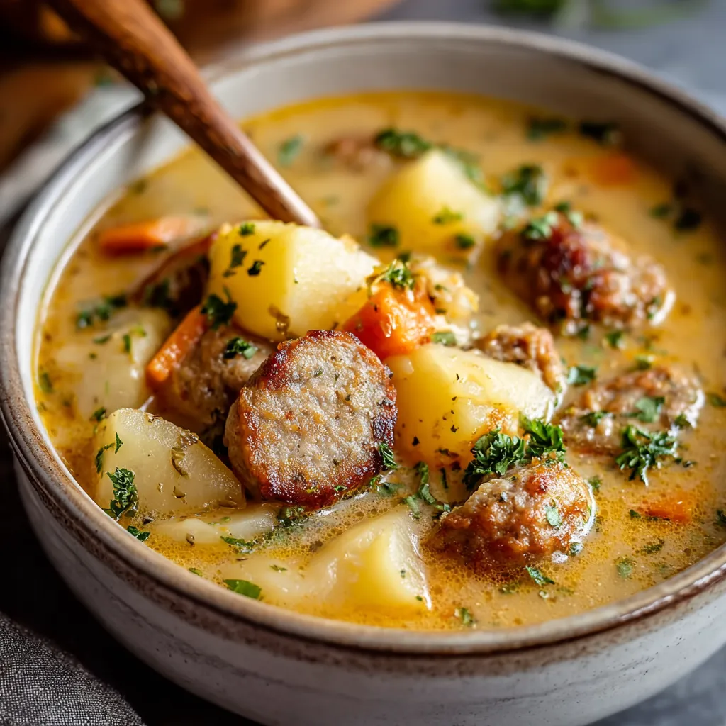 Creamy sausage and potato chowder in a bowl. Hearty, comforting soup.