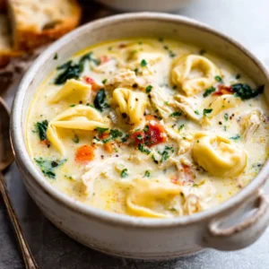 Creamy Chicken Tortellini Soup in a bowl. Easy comfort food recipe.
