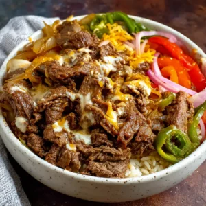 Philly cheesesteak bowl: steak, peppers, onions, and cheese sauce.