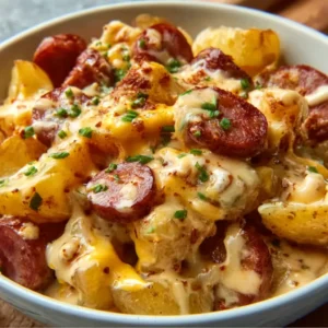 Cheesy ranch potatoes with smoked sausage, a hearty and delicious meal.