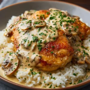 Creamy smothered chicken and rice recipe in a white bowl. Delicious comfort food.